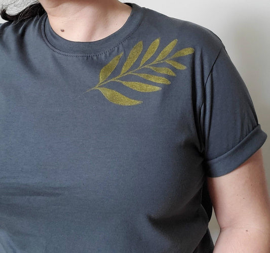 Plant t-shirt, leaf print unisexe tee, hand printed gold foliage, minimalist iridescent illustration, botanical lino print, ethical fashion