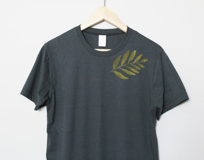 Plant t-shirt, leaf print unisexe tee, hand printed gold foliage, minimalist iridescent illustration, botanical lino print, ethical fashion