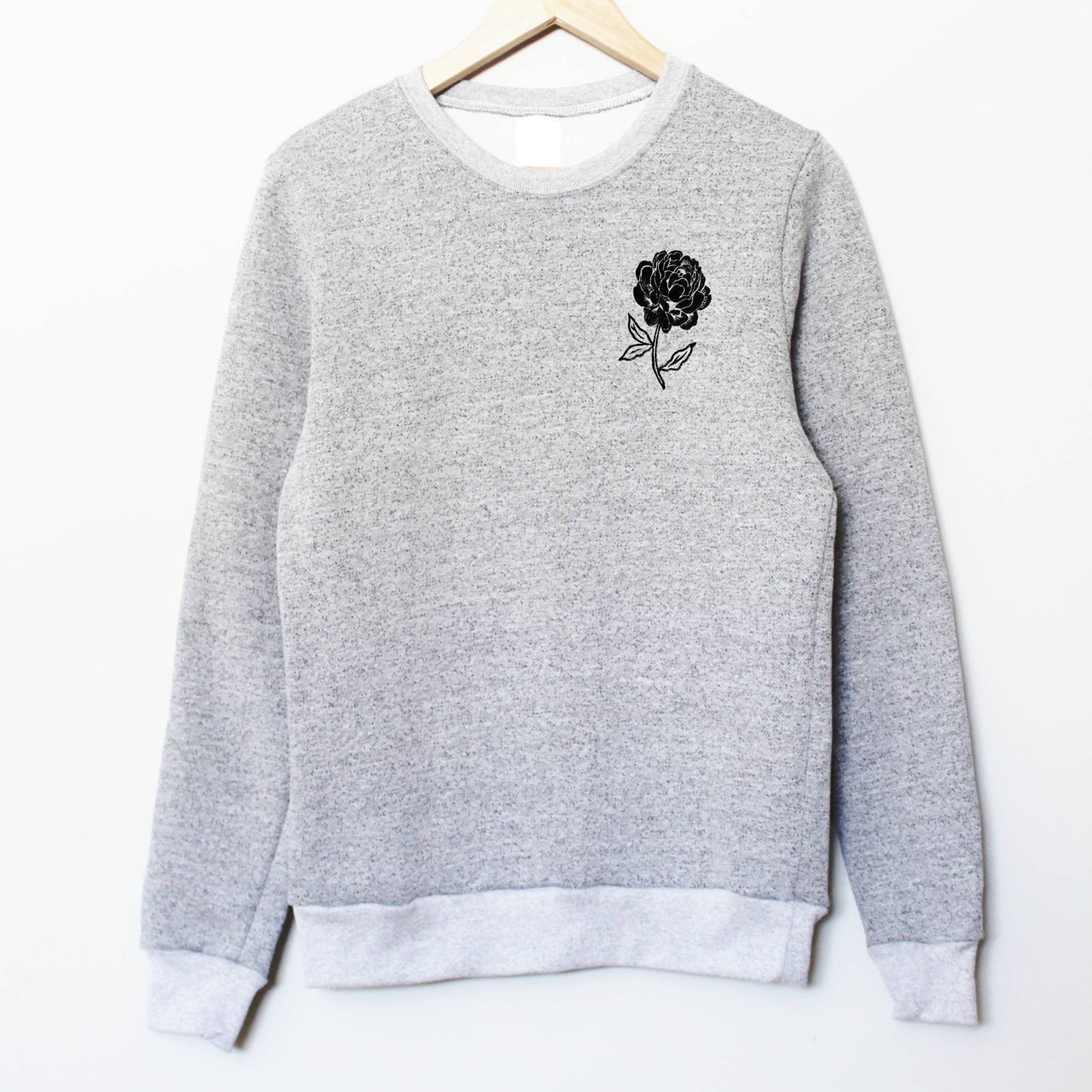 Peony sweatshirt, unisex floral crewneck, hand printed black flower, hand stamped design, ethical fashion, gray black sweater, fleece jumper