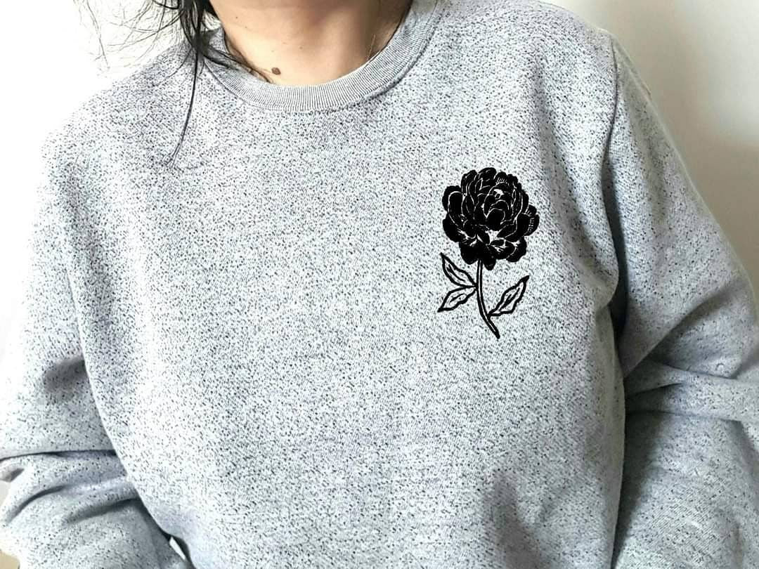 Peony sweatshirt, unisex floral crewneck, hand printed black flower, hand stamped design, ethical fashion, gray black sweater, fleece jumper