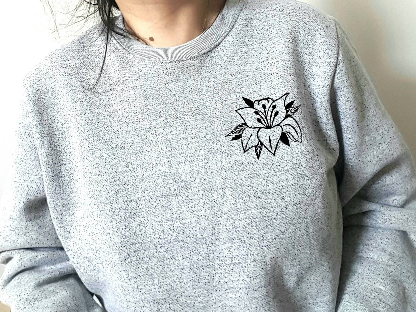 Lily sweatshirt, flower print sweater, unisex floral crewneck, hand printed stamped design, ethical fashion, gray sweater, fleece jumper