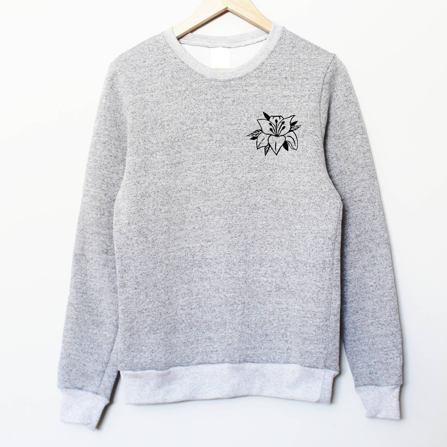 Lily sweatshirt, flower print sweater, unisex floral crewneck, hand printed stamped design, ethical fashion, gray sweater, fleece jumper