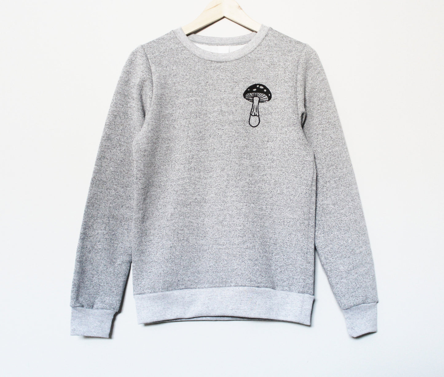 Mushroom sweatshirt, unisex mushroom print crewneck, cute hand print design, gray soft sweater, block print jumper, ethical unique clothing