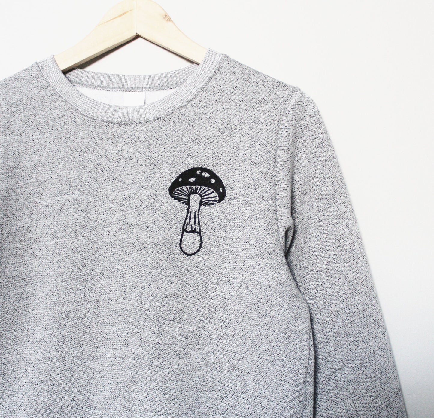 Mushroom sweatshirt, unisex mushroom print crewneck, cute hand print design, gray soft sweater, block print jumper, ethical unique clothing