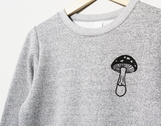 Mushroom sweatshirt, unisex mushroom print crewneck, cute hand print design, gray soft sweater, block print jumper, ethical unique clothing