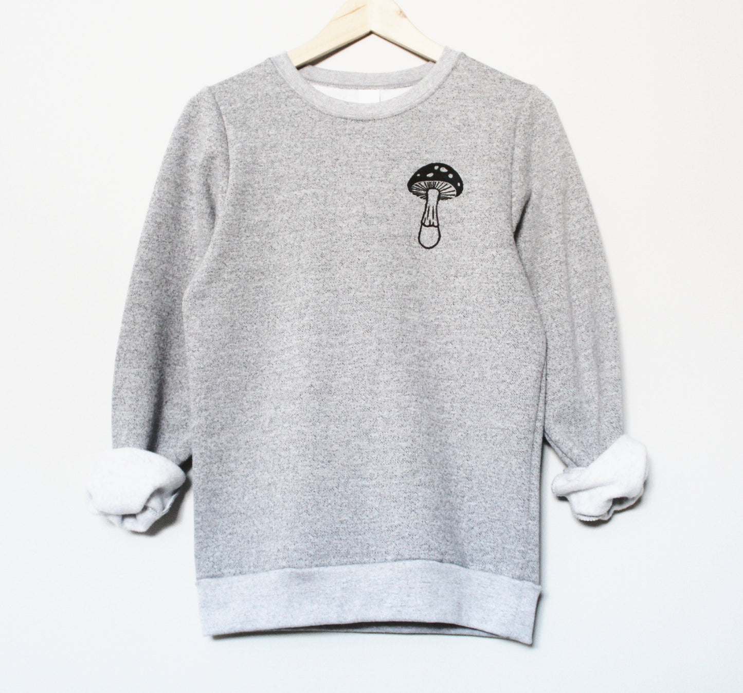 Mushroom sweatshirt, unisex mushroom print crewneck, cute hand print design, gray soft sweater, block print jumper, ethical unique clothing