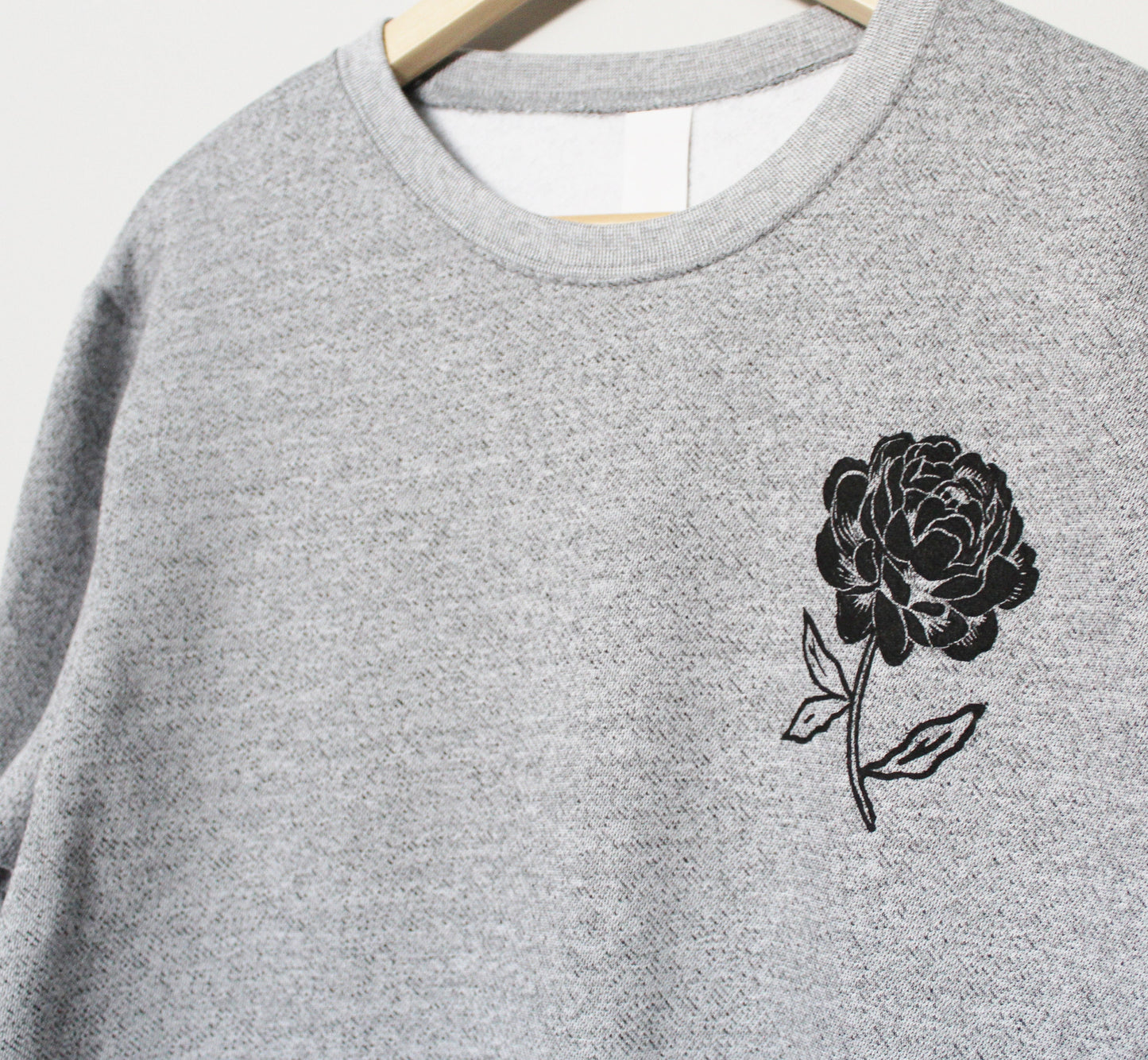 Peony sweatshirt, unisex floral crewneck, hand printed black flower, hand stamped design, ethical fashion, gray black sweater, fleece jumper