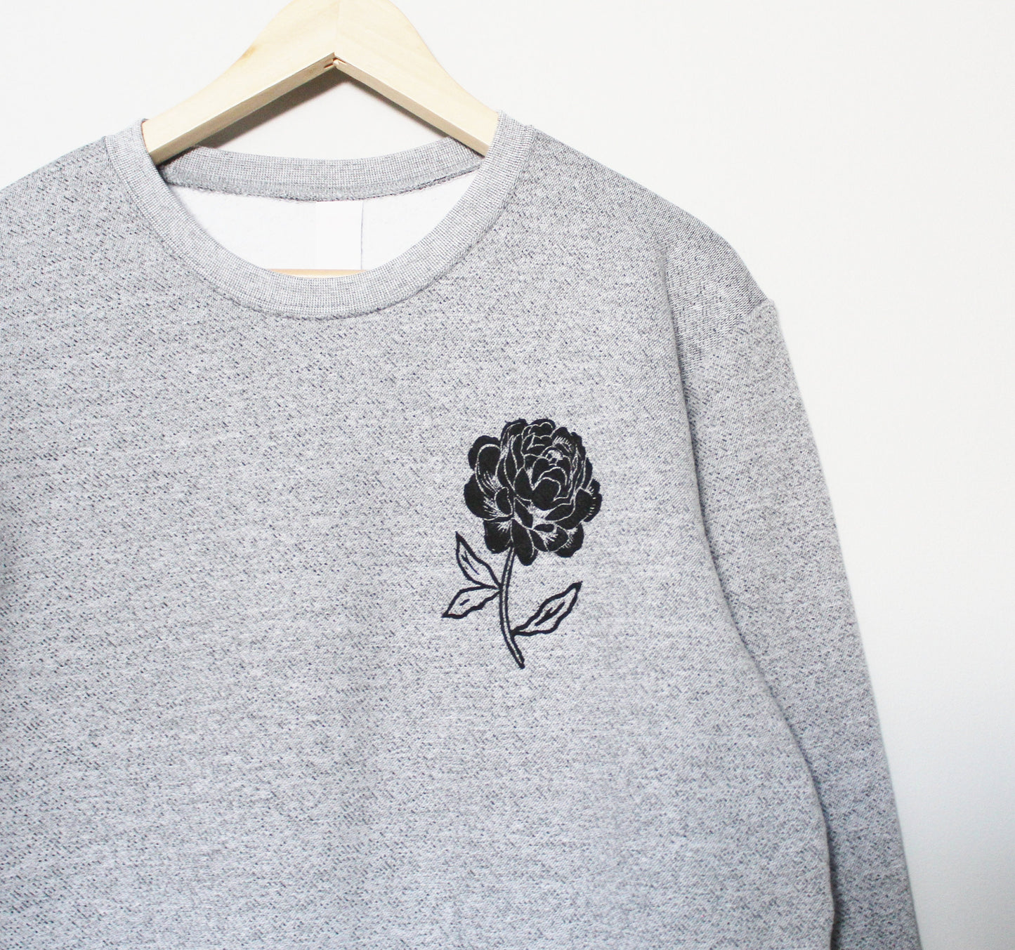 Peony sweatshirt, unisex floral crewneck, hand printed black flower, hand stamped design, ethical fashion, gray black sweater, fleece jumper