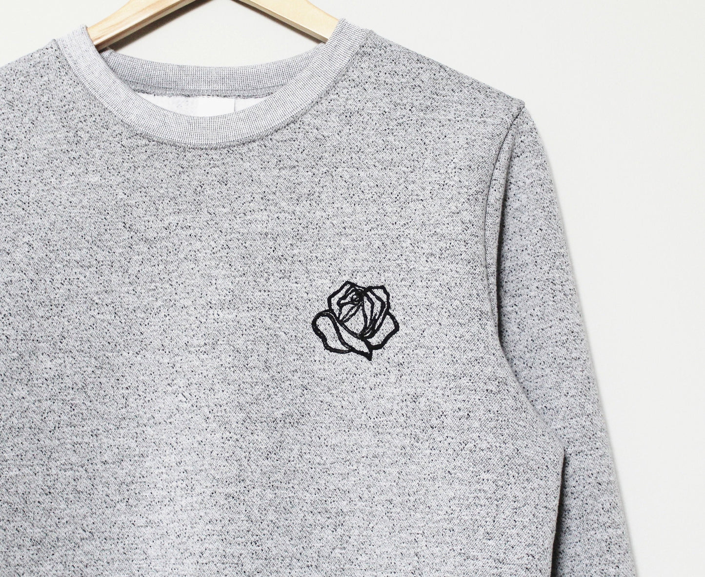 Rose sweatshirt, unisex flower crewneck, hand printed black rose, hand stamped design, ethical fashion, gray black sweater, fleece jumper