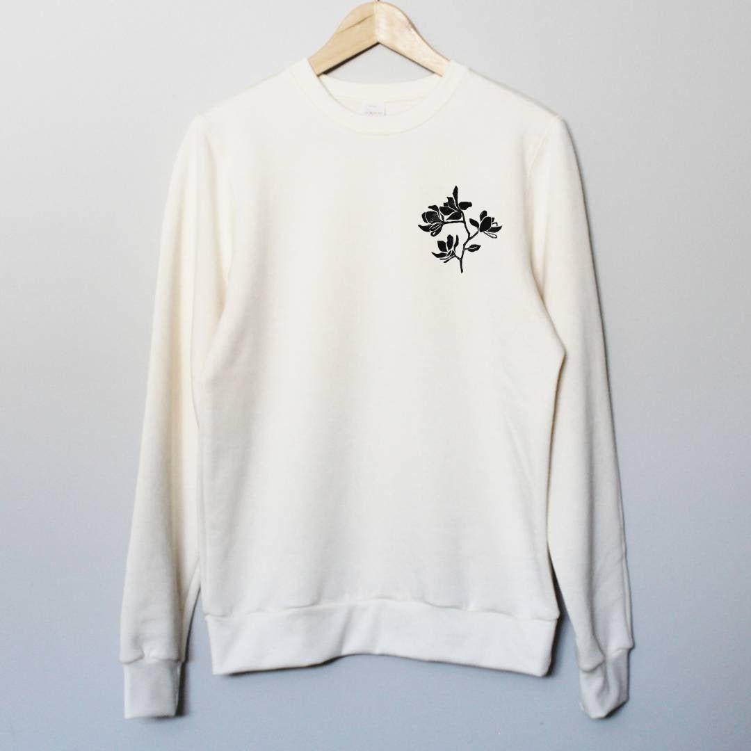 Magnolia flower sweatshirt, bamboo UNISEX crewneck, floral botanical print, natural organic coton sweater, hand stamped, ethical fashion