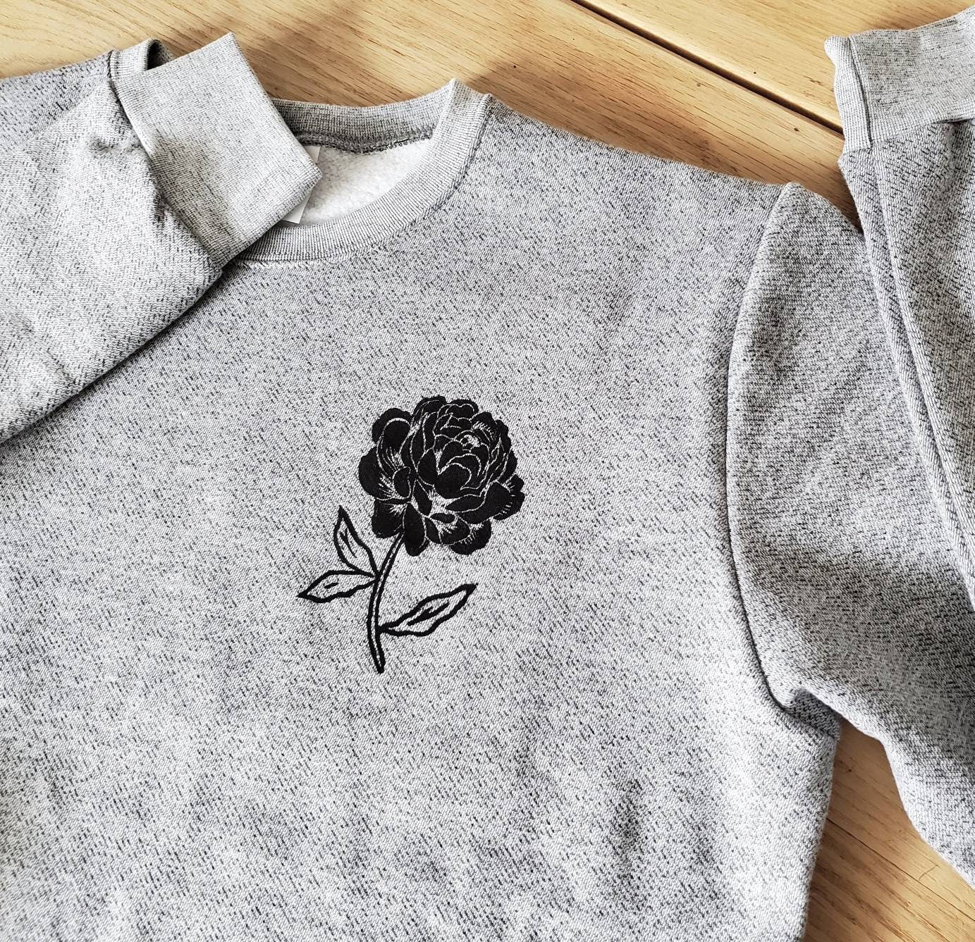 Peony sweatshirt, unisex floral crewneck, hand printed black flower, hand stamped design, ethical fashion, gray black sweater, fleece jumper