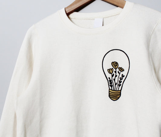 Floral graphic UNISEX sweatshirt, hand painted light bulb with gold flowers, natural organic bamboo sweater, ethical fashion