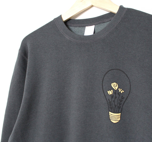 Floral graphic UNISEX sweatshirt, hand painted light bulb with gold flowers, minimalist design, charcoal organic sweater, ethical fashion