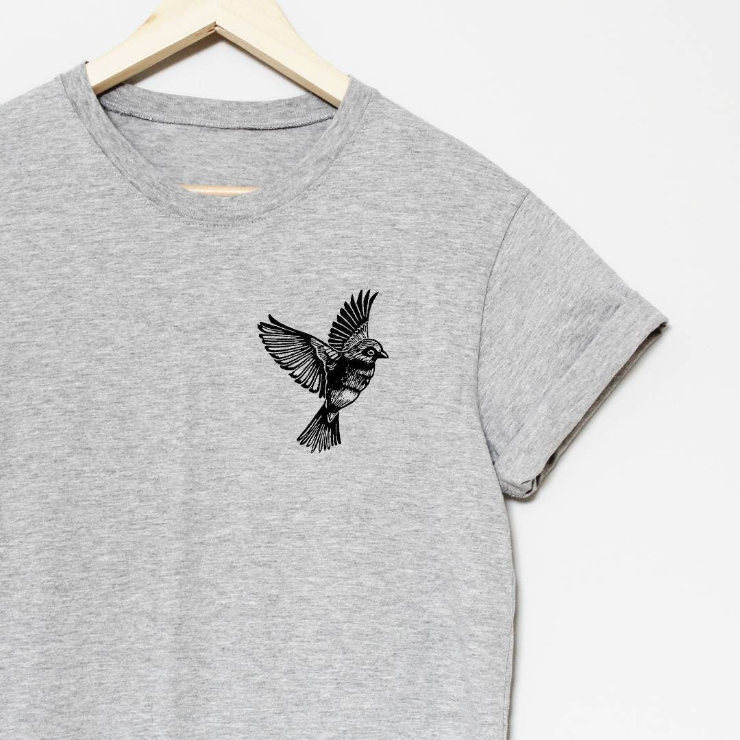 Bird t-shirt, UNISEX hand printed sparrow tshirt, minimalist block print tee, hand stamped illustration,  clothing, ethical fashion