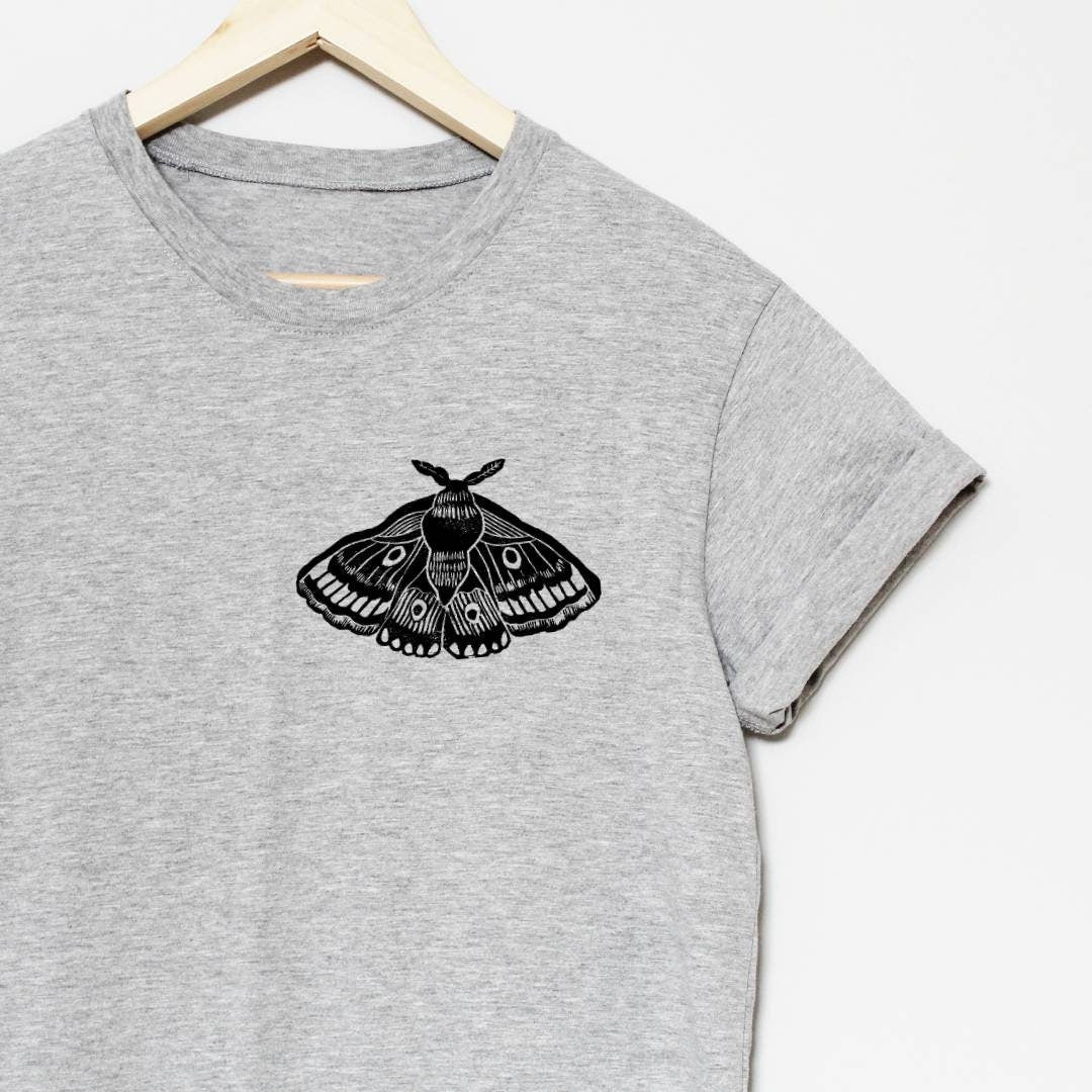 Moth t-shirt, UNISEX hand printed tshirt, unique block print tee, hand stamped emperor moth illustration,  clothing, ethical fashion