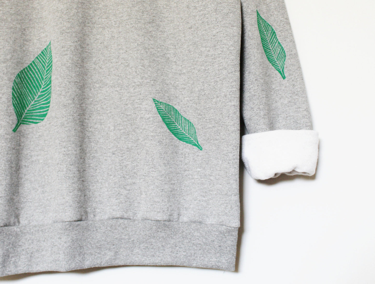 Green leaf sweatshirt, unisex hand printed plant crewneck, all over print leaf pattern, block print soft fleece jumper, ethical clothing