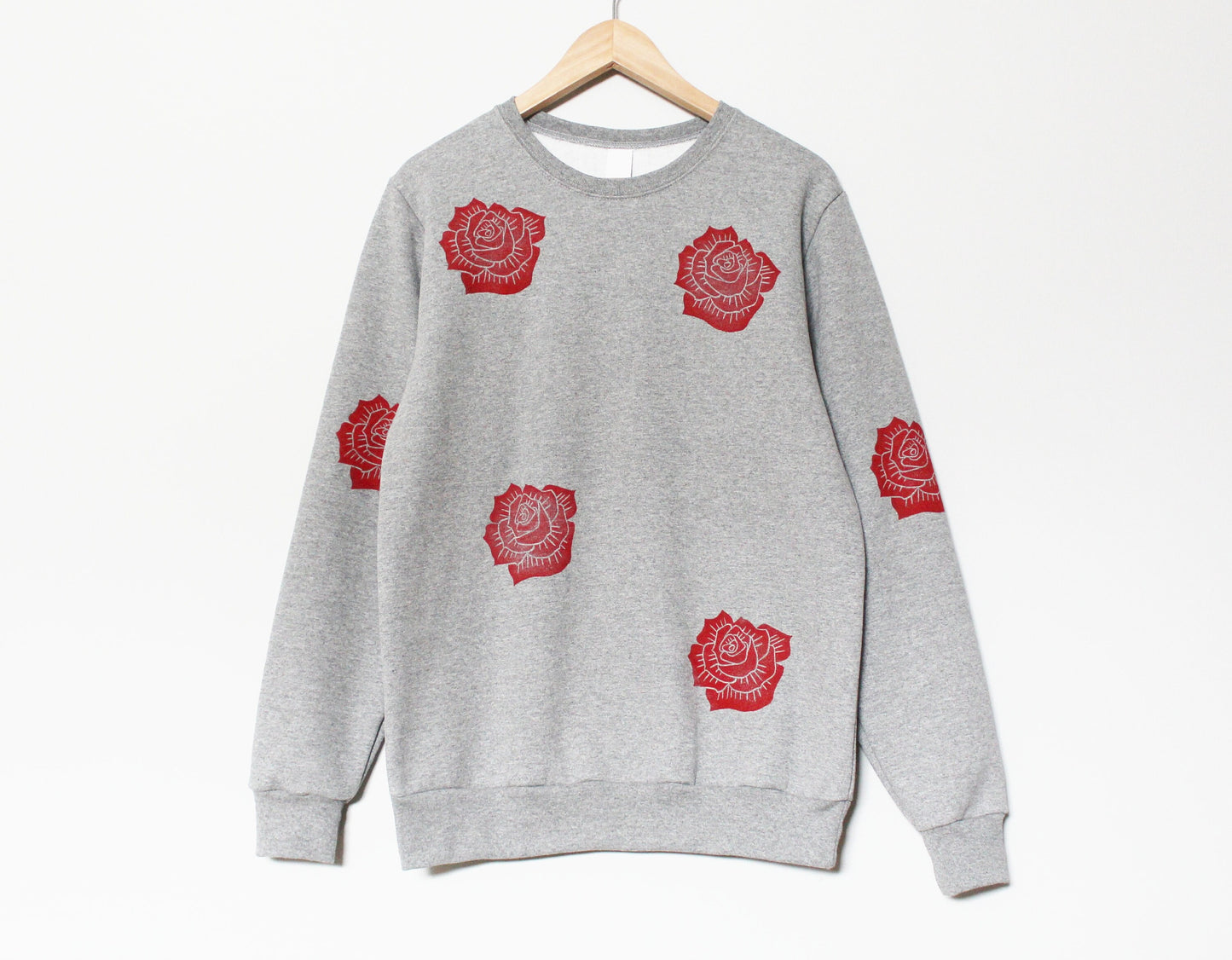 Red rose sweatshirt, unisex hand printed roses crewneck, all over block printed floral pattern, soft fleece jumper,  ethical fashion