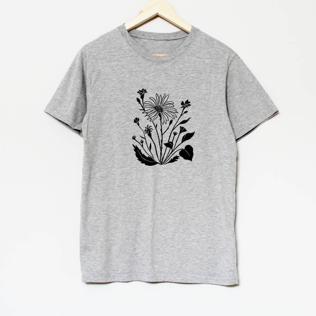 Flower t-shirt, UNISEX hand printed wildflowers tee, floral bouquet block print, hand stamped illustration, spring clothing, ethical fashion