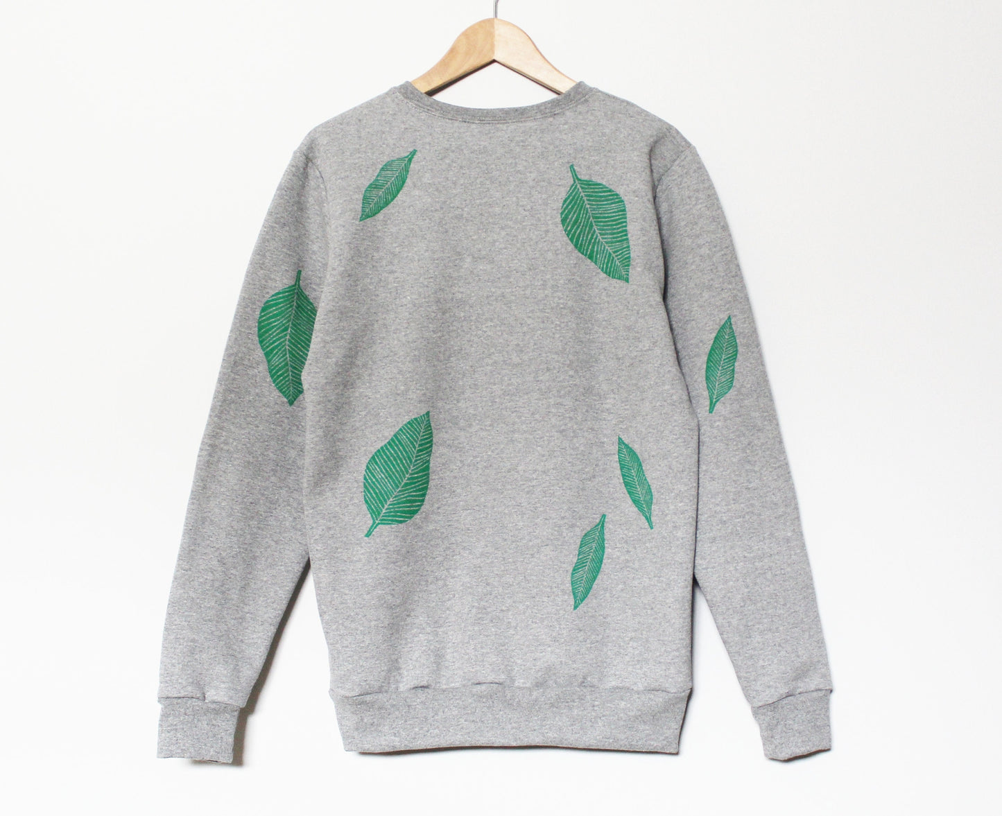 Green leaf sweatshirt, unisex hand printed plant crewneck, all over print leaf pattern, block print soft fleece jumper, ethical clothing