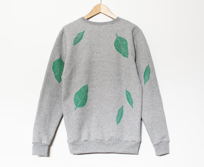 Green leaf sweatshirt, unisex hand printed plant crewneck, all over print leaf pattern, block print soft fleece jumper, ethical clothing