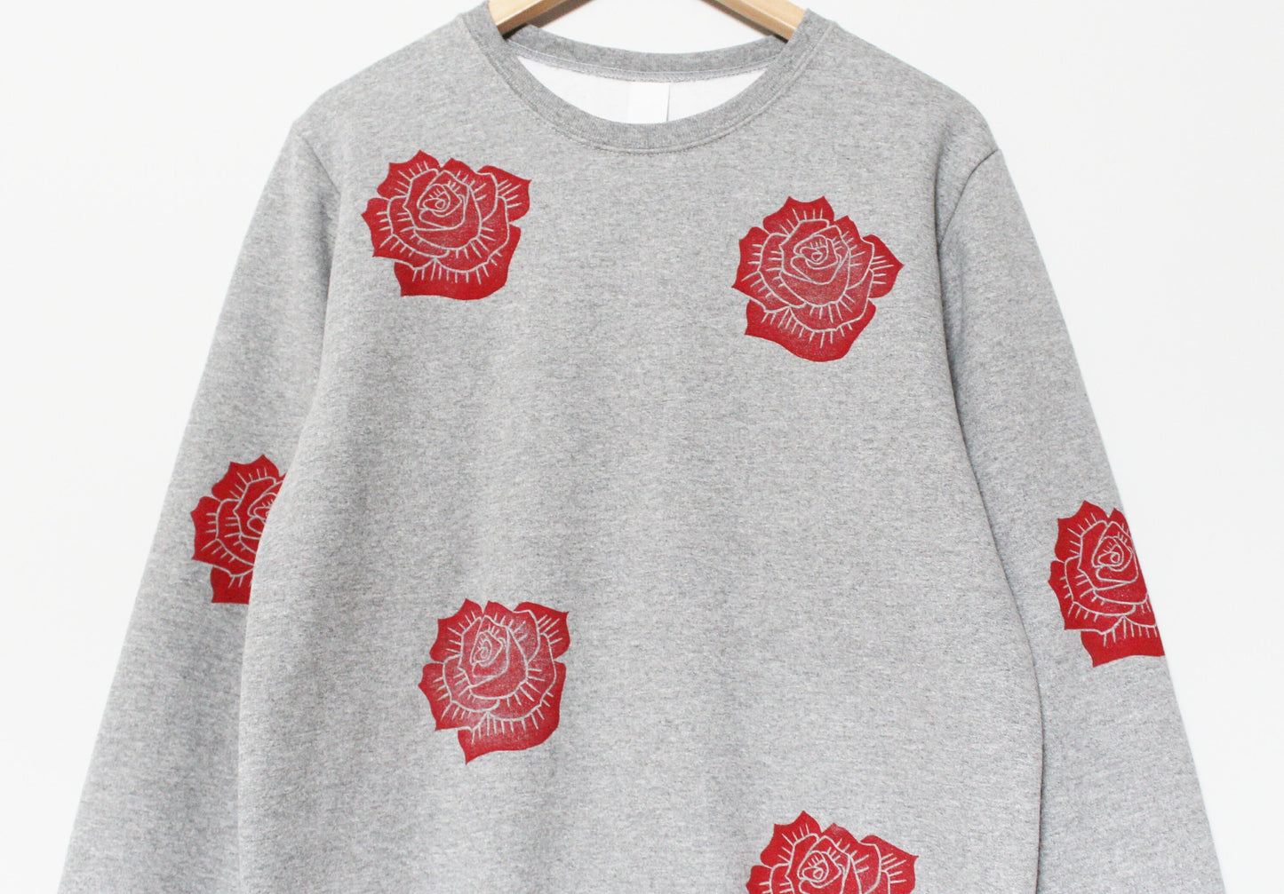 Red rose sweatshirt, unisex hand printed roses crewneck, all over block printed floral pattern, soft fleece jumper,  ethical fashion