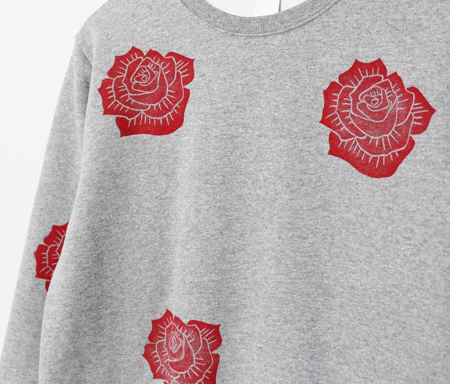 Red rose sweatshirt, unisex hand printed roses crewneck, all over block printed floral pattern, soft fleece jumper,  ethical fashion