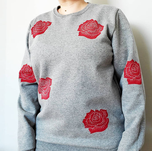 Red rose sweatshirt, unisex hand printed roses crewneck, all over block printed floral pattern, soft fleece jumper,  ethical fashion