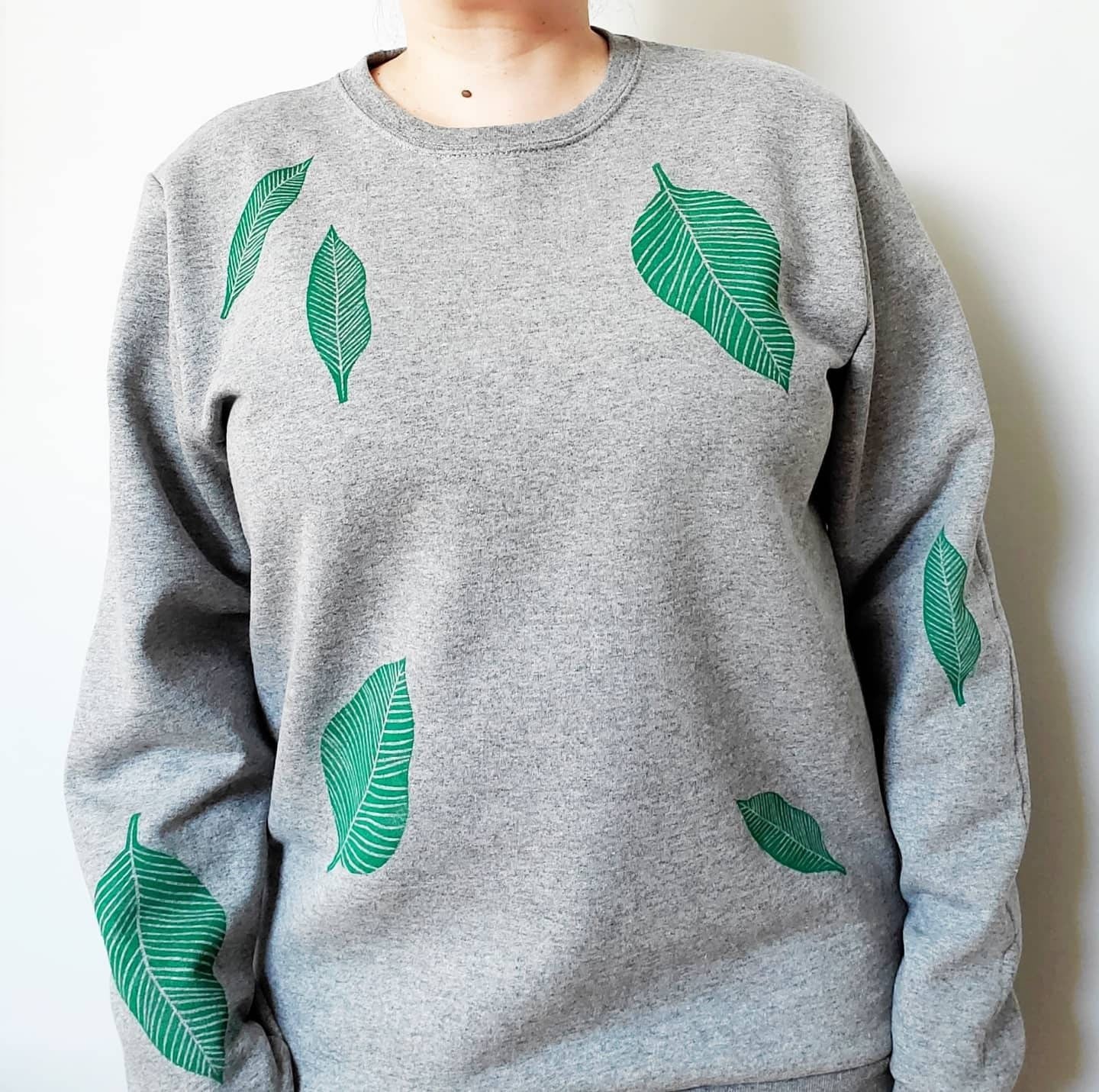 Green leaf sweatshirt, unisex hand printed plant crewneck, all over print leaf pattern, block print soft fleece jumper, ethical clothing