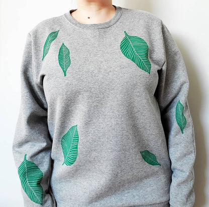 Green leaf sweatshirt, unisex hand printed plant crewneck, all over print leaf pattern, block print soft fleece jumper, ethical clothing