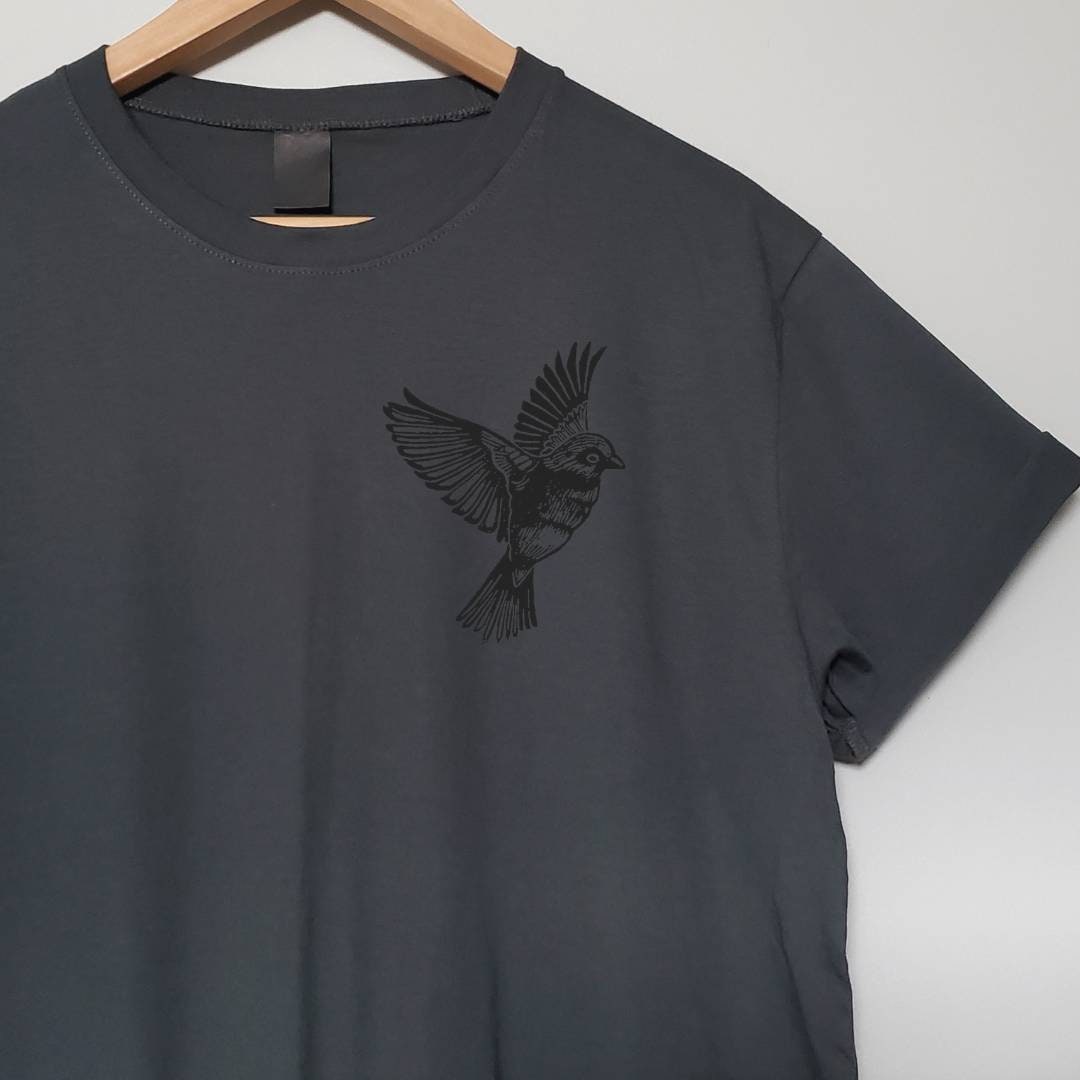 Bird t-shirt, UNISEX hand printed sparrow tshirt, minimalist block print tee, hand stamped illustration,  clothing, ethical fashion