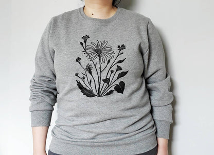 Sweat-shirt à fleurs sauvages, col d’équipage imprimé à la main unisexe, illustration florale imprimée en bloc, pull en polaire douce, vêtements, mode éthique