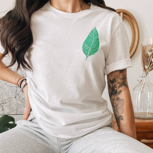 Green leaf t-shirt, UNISEX hand printed plant shirt, minimalist leaf block print, hand stamped botanical lino tee,  ethical fashion