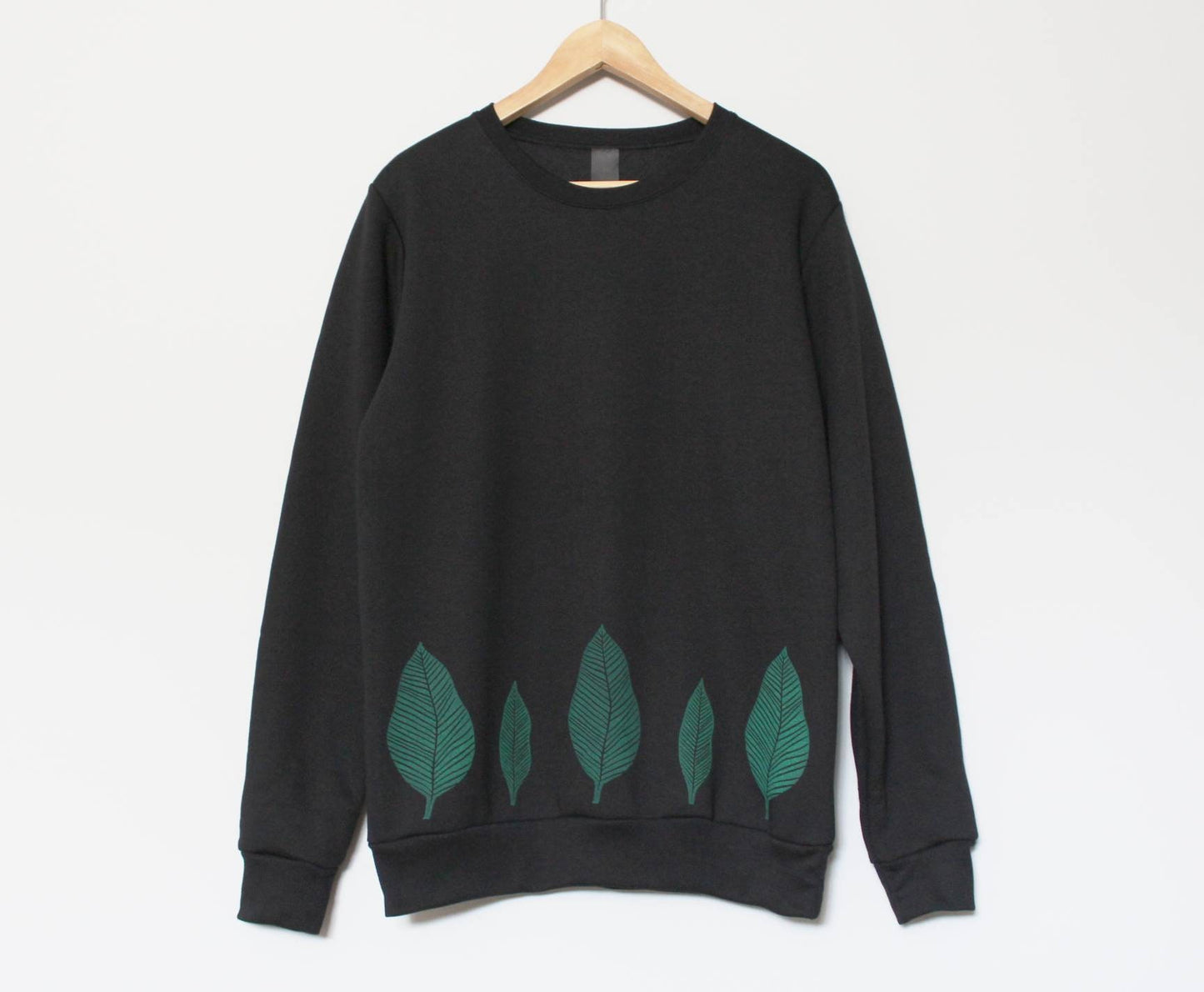 Green leaf sweatshirt, unisex hand printed plant crewneck, block printed leaf pattern, soft fleece jumper, fall clothing, ethical fashion