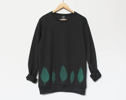 Green leaf sweatshirt, unisex hand printed plant crewneck, block printed leaf pattern, soft fleece jumper, fall clothing, ethical fashion