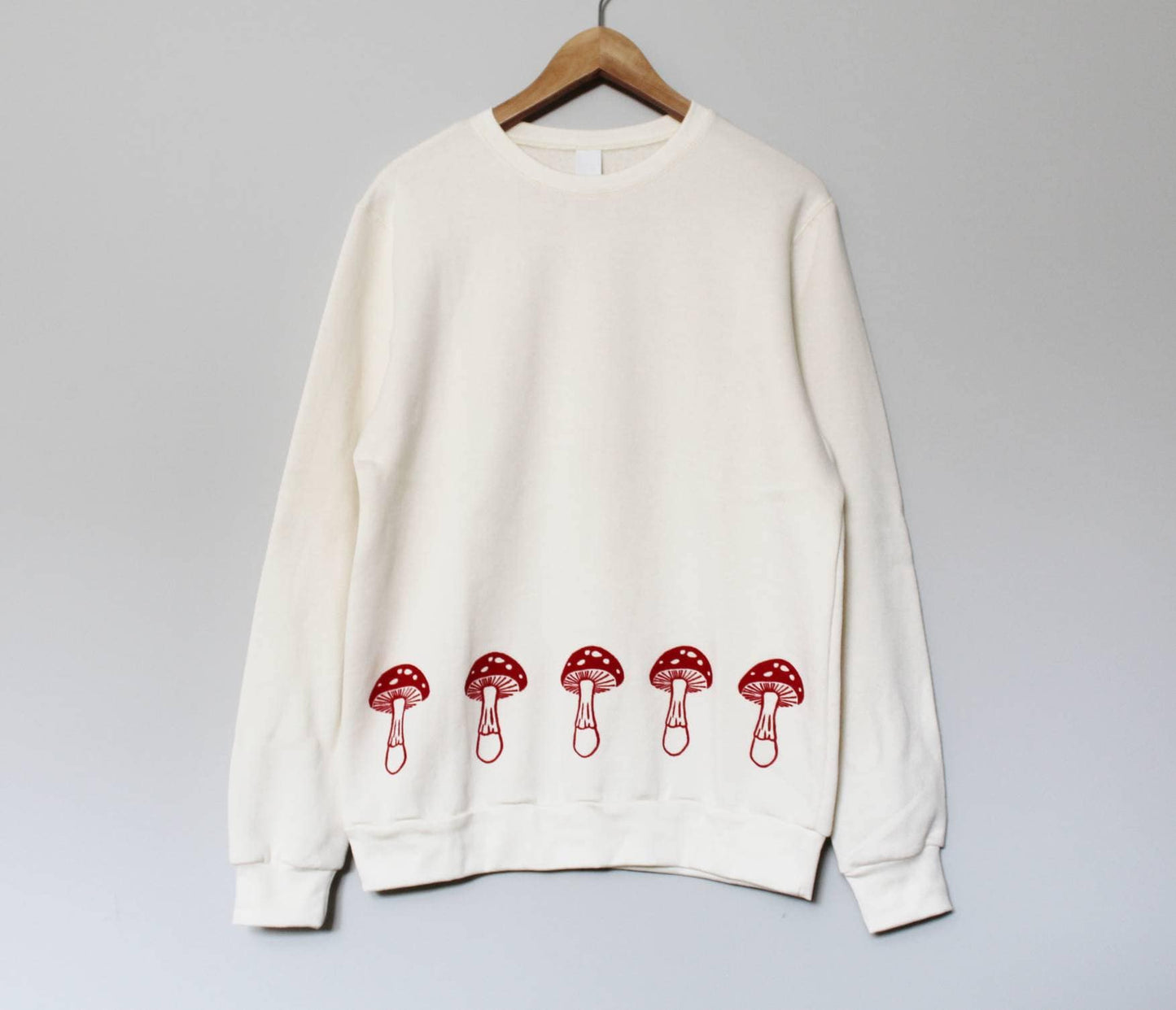 Red mushrooms bamboo unisex sweatshirt, hand printed minimalist design, organic fleece crewneck sweater, soft jumper, ethical fashion