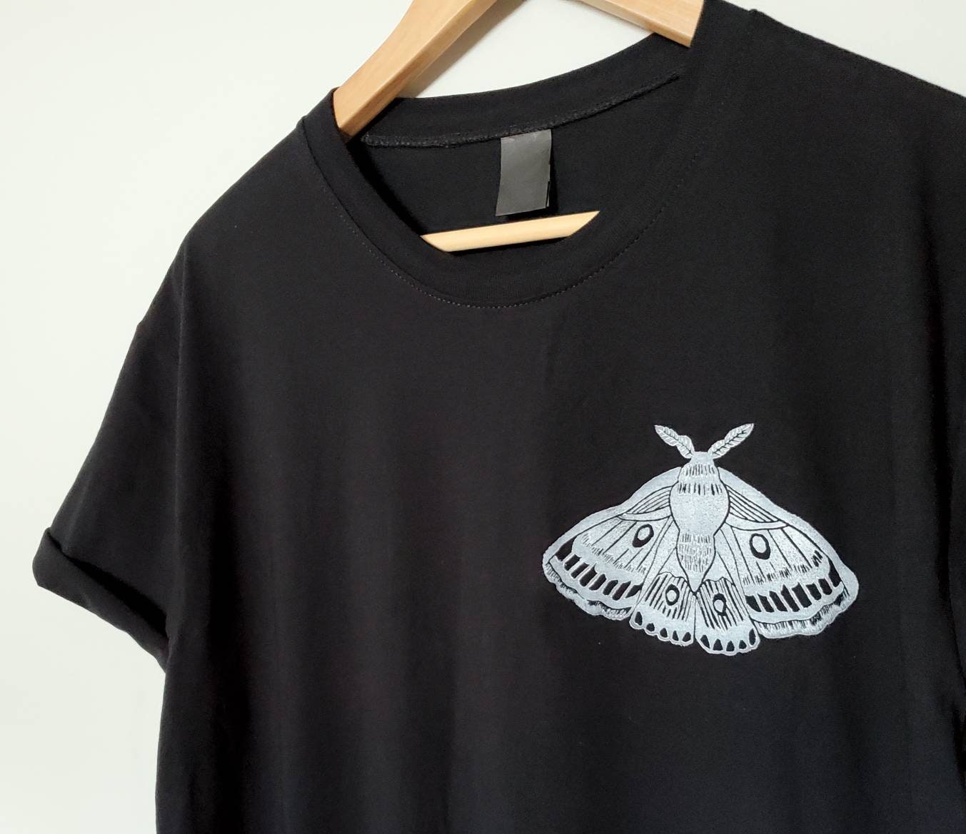 Moth t-shirt, UNISEX hand printed tshirt, unique block print tee, hand stamped emperor moth illustration, summer clothing, ethical fashion