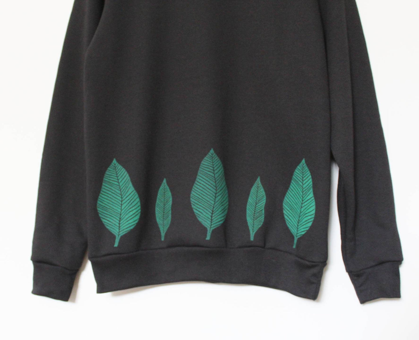 Green leaf sweatshirt, unisex hand printed plant crewneck, block printed leaf pattern, soft fleece jumper, fall clothing, ethical fashion