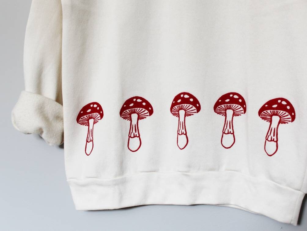 Red mushrooms bamboo unisex sweatshirt, hand printed minimalist design, organic fleece crewneck sweater, soft jumper, ethical fashion