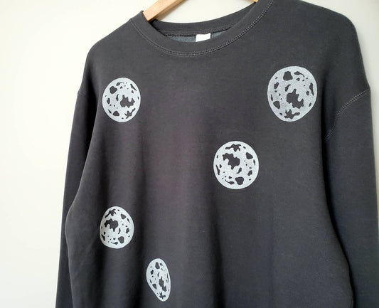 Moon sweatshirt, bamboo UNISEX crewneck, full moon pattern, charcoal organic sweater, hand stamped block print soft jumper, ethical fashion