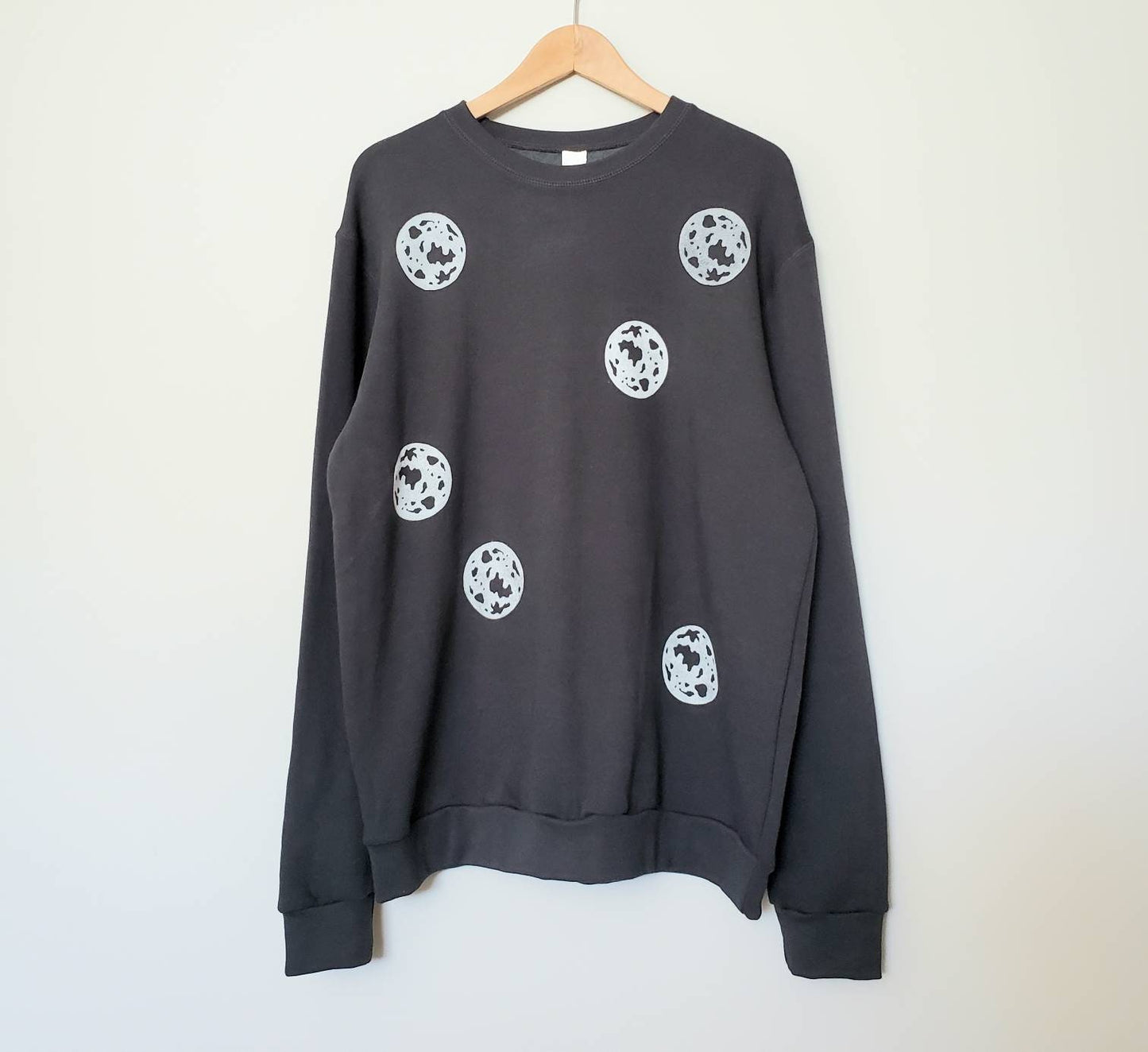 Moon sweatshirt, bamboo UNISEX crewneck, full moon pattern, charcoal organic sweater, hand stamped block print soft jumper, ethical fashion