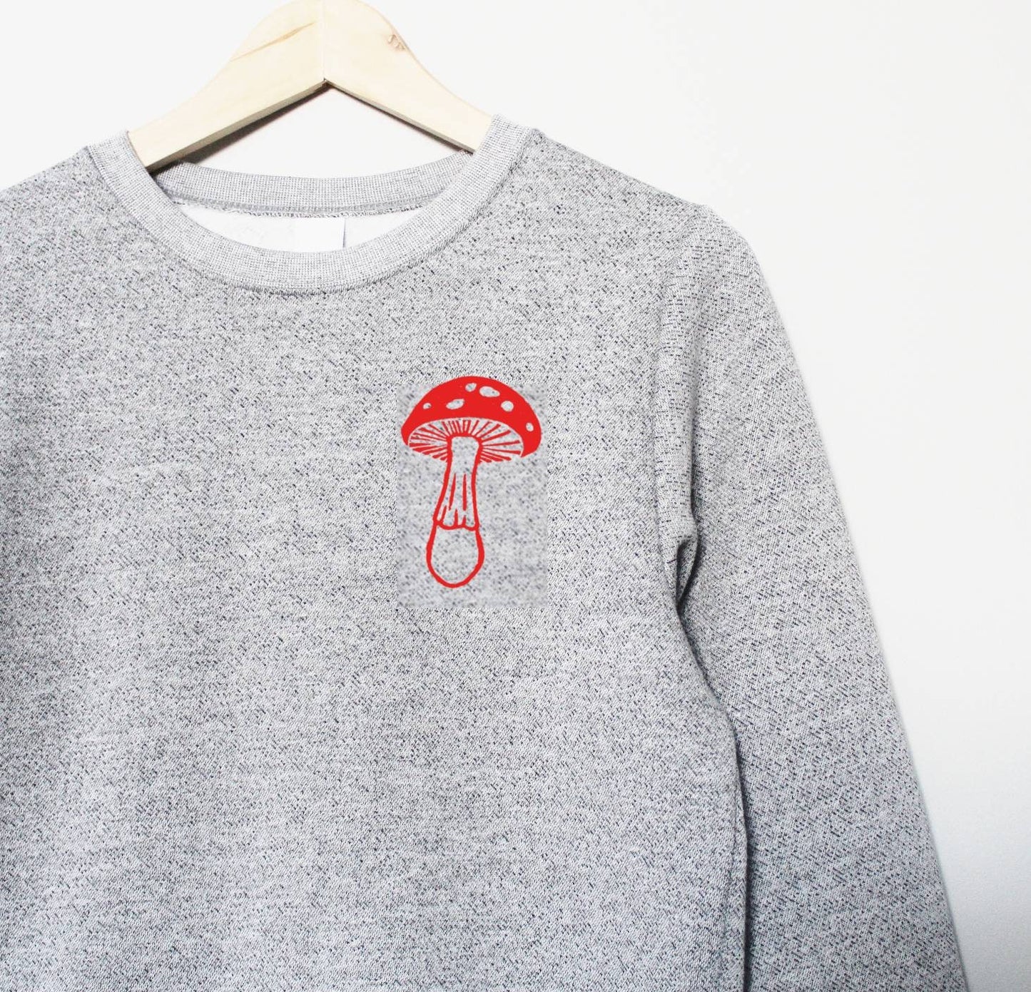 Mushroom sweatshirt, unisex mushroom print crewneck, cute hand print design, gray soft sweater, block print jumper, ethical unique clothing