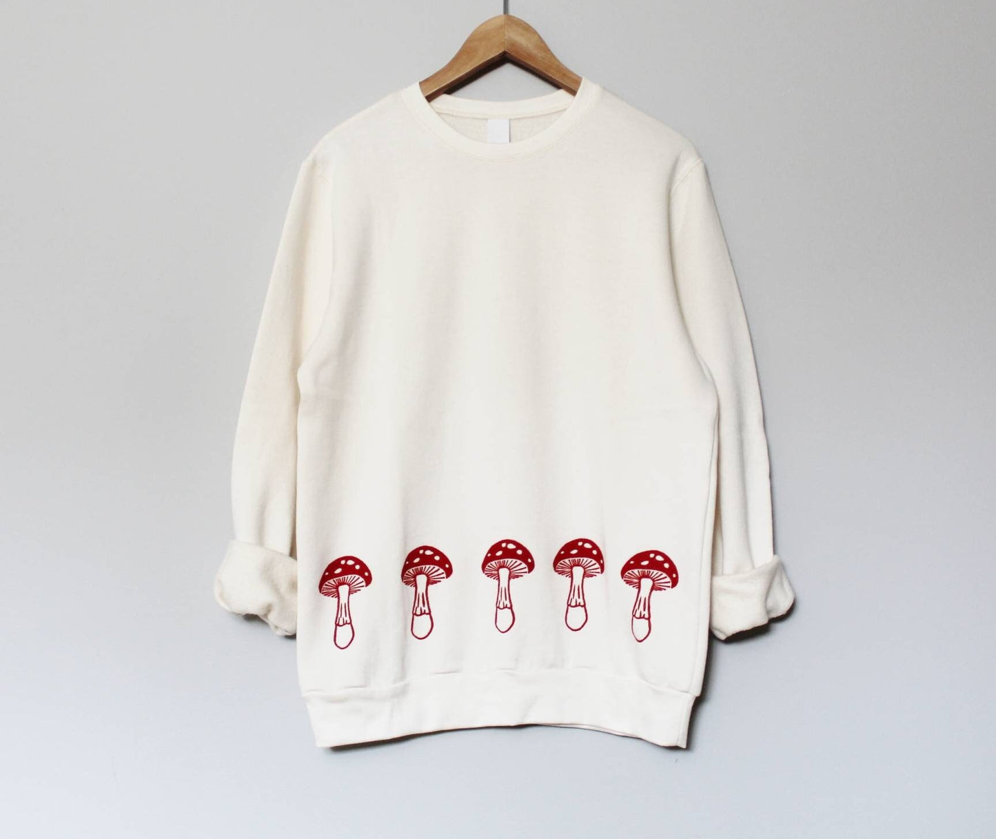 Red mushrooms bamboo unisex sweatshirt, hand printed minimalist design, organic fleece crewneck sweater, soft jumper, ethical fashion