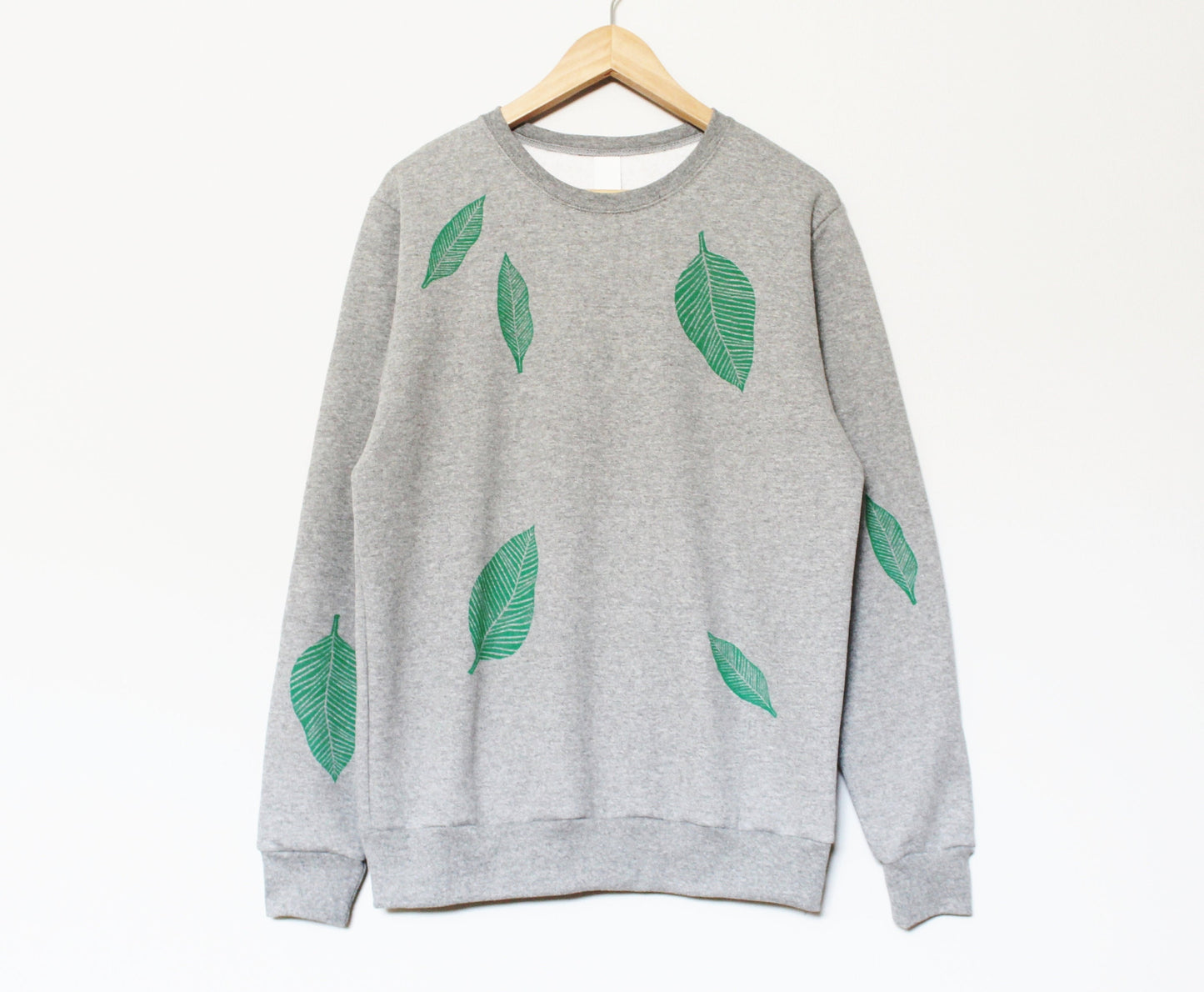 Green leaf sweatshirt, unisex hand printed plant crewneck, all over print leaf pattern, block print soft fleece jumper, ethical clothing