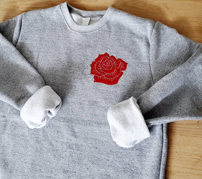 Red rose sweatshirt, unisex flower crewneck, hand printed rose, hand stamped design, ethical fashion, gray soft sweater, fleece jumper