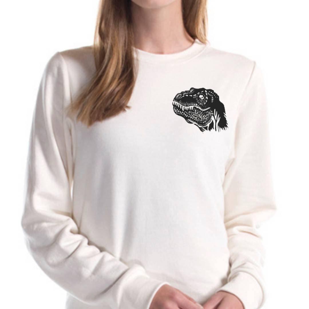 Dinosaur bamboo unisex sweatshirt, t-rex block print design, charcoal organic fleece crewneck sweater, ethical fashion, soft dino jumper