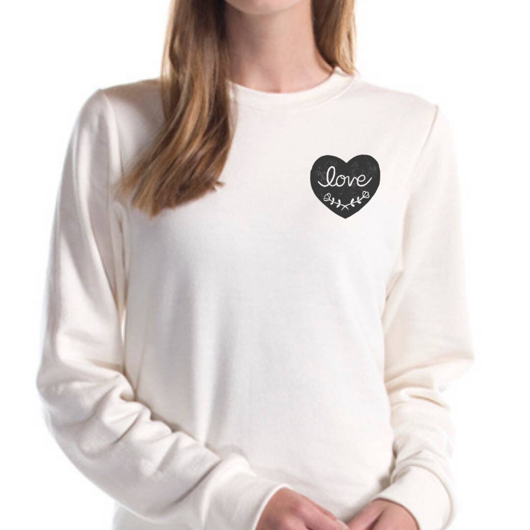 Love sweatshirt, bamboo UNISEX crewneck, love graphic heart print, natural organic coton sweater, hand stamped, block print, ethical fashion