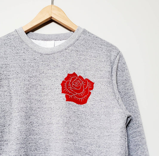 Red rose sweatshirt, unisex flower crewneck, hand printed rose, hand stamped design, ethical fashion, gray soft sweater, fleece jumper