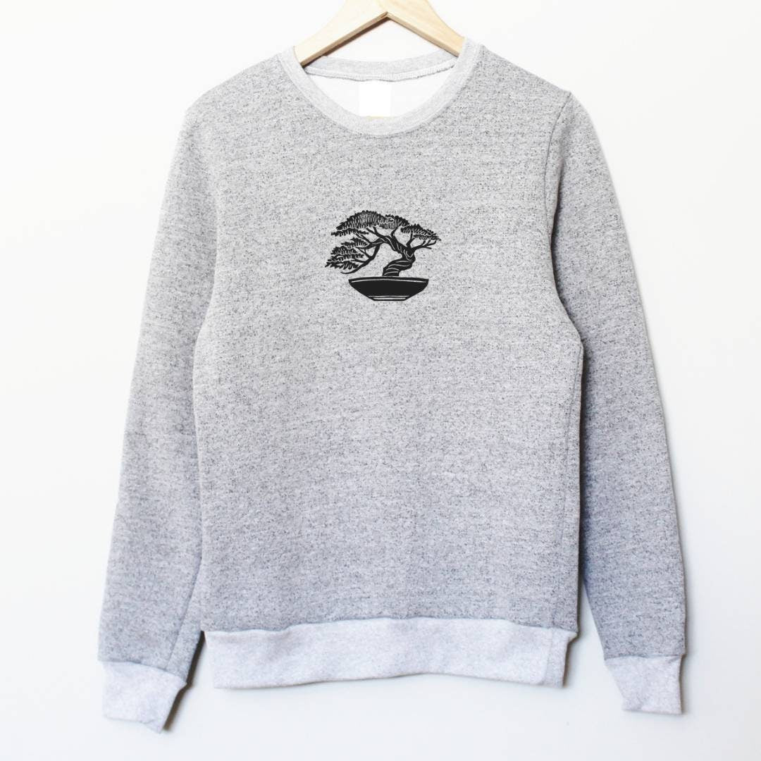 Bonsai sweatshirt, unisex graphic crewneck, hand printed Japanese bonsai tree, hand stamped ethical fashion, soft sweater, cozy grey jumper