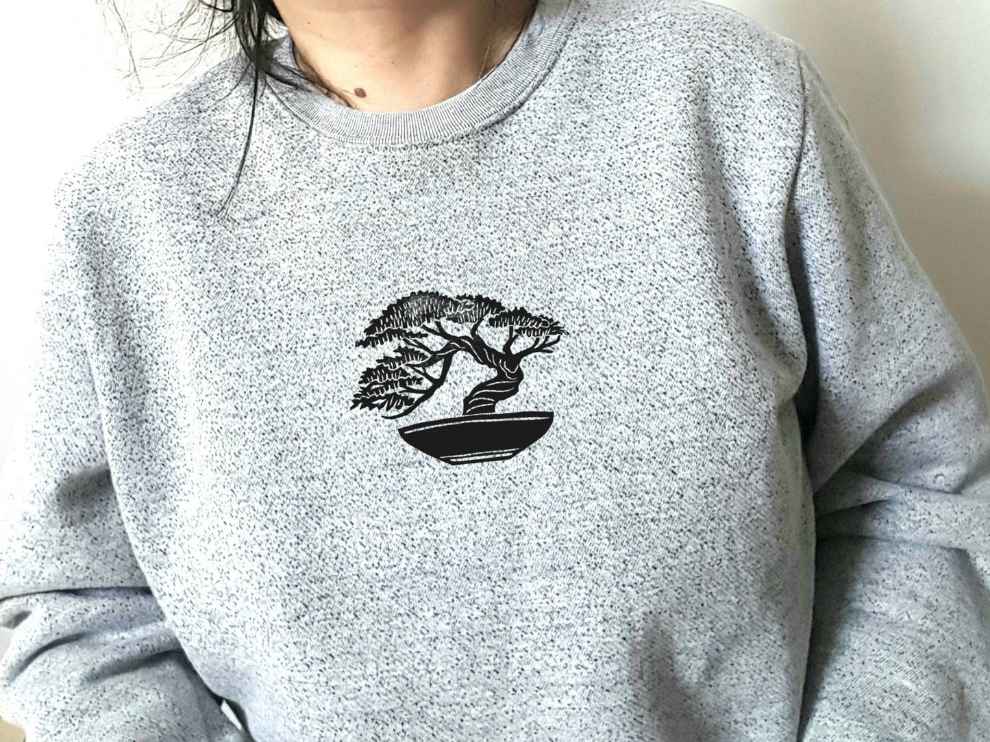 Bonsai sweatshirt, unisex graphic crewneck, hand printed Japanese bonsai tree, hand stamped ethical fashion, soft sweater, cozy grey jumper