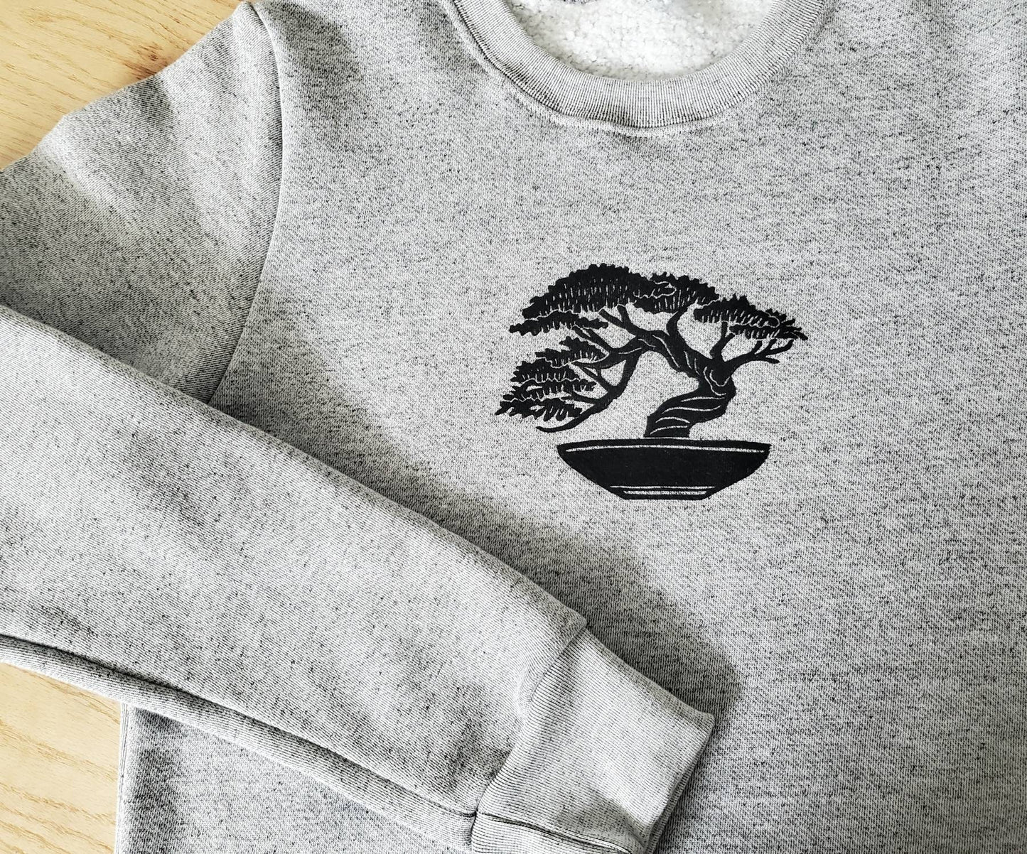 Bonsai sweatshirt, unisex graphic crewneck, hand printed Japanese bonsai tree, hand stamped ethical fashion, soft sweater, cozy grey jumper